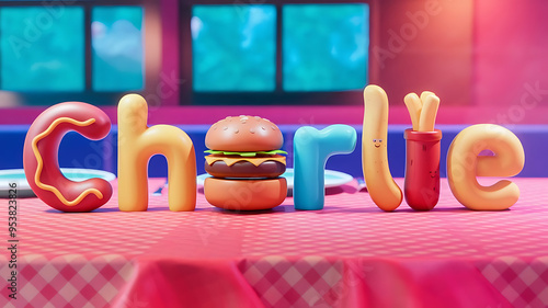 playful, fun 3d typography of name Charlie made from fast food items on diner table, pink gingham 