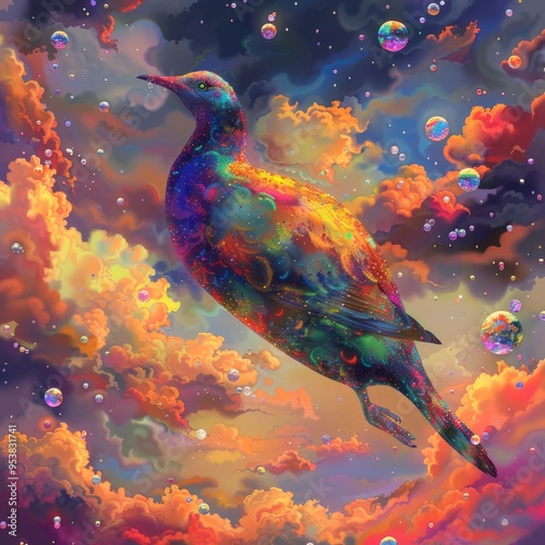 Colorful bird flying in a surreal sky with vibrant clouds and bubbles.