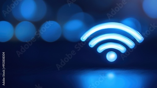 Blue Wi-Fi symbol glowing with blurred bokeh background, representing wireless internet connection and digital connectivity.