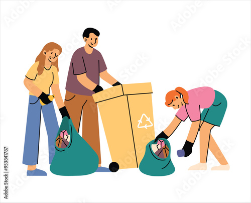 Volunteers Cleaning Up Trash Together. Volunteer Concept Illustrations.