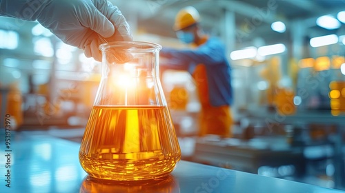 A laboratory scene featuring a scientist handling a glowing flask of orange liquid, showcasing chemistry and innovation.