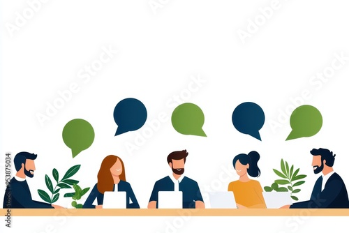 Illustration of a group of people having a discussion at a table with speech bubbles. Collaborative teamwork and communication concept.