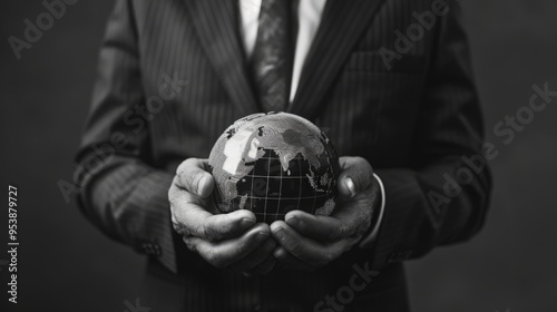 Businessman holding globe, signifying global puzzle and strategic thinking