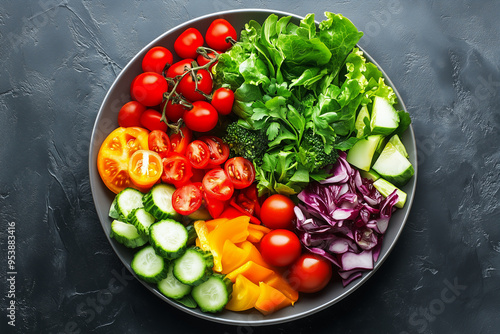 Vegetables and fruits on a plate background. Fresh diet food. Different type of vegetable on a plate. Vegetarian food.