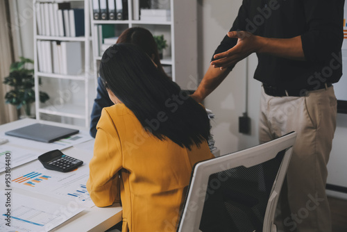 Asian women are stressed while working on laptop, Tired asian businesswoman with headache at office, feeling sick at work, copy space