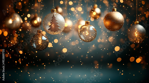 Christmas background with hanging gold and transparent baubles. Space for text. 