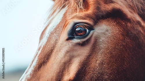 A close-up shot of a horse's face, capturing the intricate details of its eyes and fur against a soft, light-colored backdrop