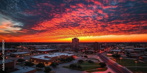 Lubbock City. Vibrant Texas Sunset illuminates Cityscape with Dramatic Architecture