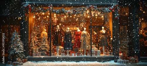 Festive Holiday Window Display with Mannequins in Winter Attire Amid Christmas Decorations and Twinkling Lights