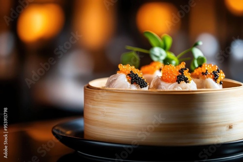 Delicious dim sum with vibrant toppings presented elegantly in a bamboo basket, perfect for food lovers and culinary enthusiasts.