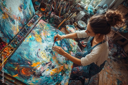 Female Artist Creating Vibrant Acrylic Painting in Artistic Studio Environment