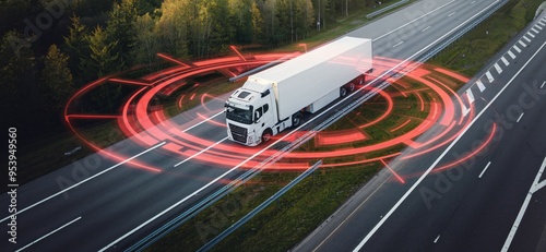 Autonomous Truck Navigates the Future of Freight: A white semi-truck seamlessly travels down a highway, enveloped by a futuristic red digital HUD, representing the cutting edge of autonomous transport