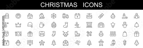 Christmas icons . editable stroke line icons, vector illustration on white background Santa claus, gift, angel, box, bow, bell, christmas tree, fireworks, snow, snowman, 