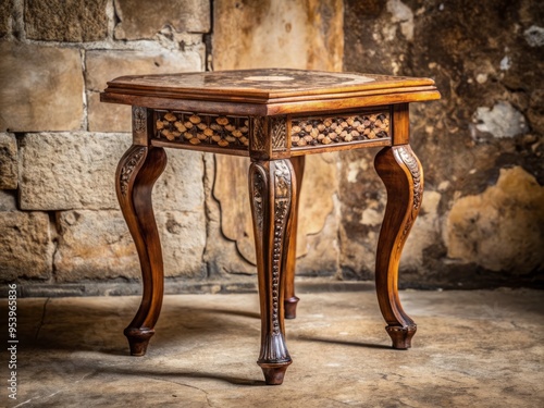 A rustic, hand-carved wooden semit table with intricately inlaid patterns and ornate legs sits against a distressed