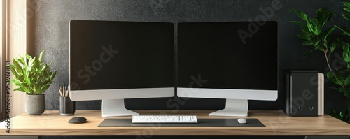 Modern workspace with dual monitors, keyboard, mouse, potted plants, and blackboard background on wooden desk in natural light.