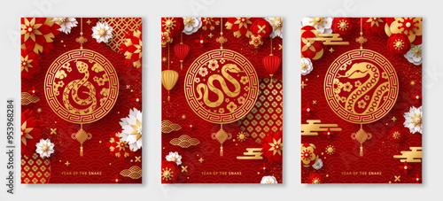 Posters Set 2025 Chinese New Year. Lunar Snake character. Vector illustration. Asian Clouds, China Lantern, 3d Paper cut Flowers on Red Background. Place for Text. Gold Pattern Card