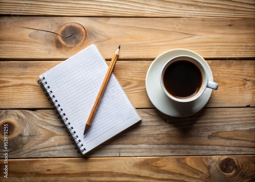 A simple, rustic wooden table with a few scattered everyday essentials, including a notebook, pencil, and coffee cup,