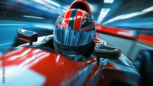 A race car driver focused and intense inside the car, the speed of the race evident in the blurred background and reflections on the visor