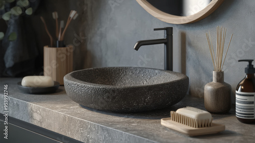 A bathroom sink with a soap dish and a bottle of soap