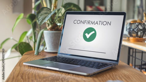 Payment Confirmation Displayed on Laptop Screen with Green Check Mark