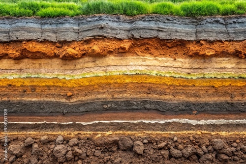 Close-up of a cross-section of soil exhibiting distinct horizontal layers of varying textures and colors, showcasing