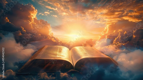 An open holy bible with golden light shining through clouds, symbolizing hope and faith.