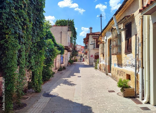 Photo of Skoufa Street, a picturesque pedestrian lane in Ioannina, Greece, lined with charming old houses.