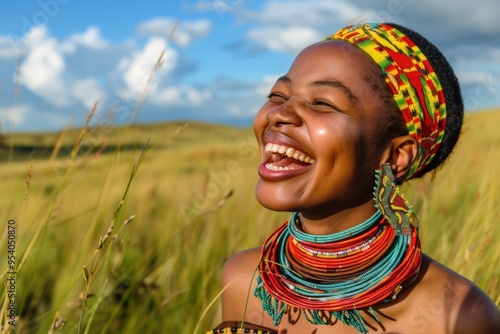 South African Woman Outdoors. Traditional Zulu Girl Laughing in Tribal Costume