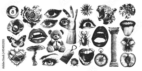 Photocopy stippled style with collage elements. Eyes, cream, pillar, flower, rose, coupon, compass, pearl as retro punk bitmap art. Vector illustration of grunge dadaism texture icons for psychedelic 