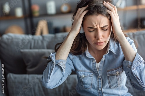 photo of a patient sitting on a couch looking tired and holding their head, conveying the struggle of dealing with dizziness and headache due to hearing illness and infection.