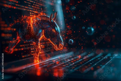 dramatic photo of a Trojan horse emerging from a laptop screen, symbolizing the threat of cyber crime and viruses in our technology-driven world.