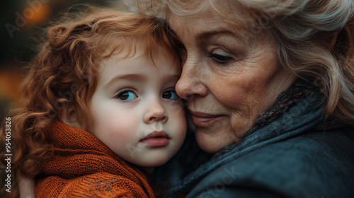 A tender moment between an elderly woman and her young granddaughter as they embrace closely, capturing their deep bond and emotional connection.