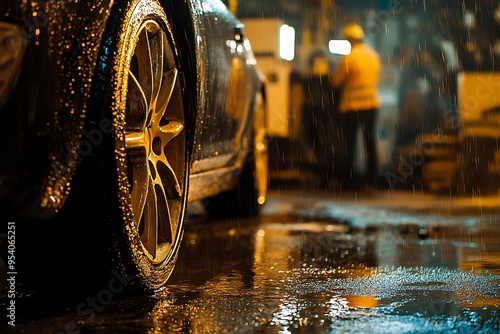 Car wheel standing on wet asphalt at night reflecting city lights with construction worker in the background