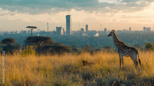 Nairobis skyline with the Nairobi National Park and wildlife in the foreground.