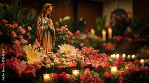 The Christian altar showcases a beautifully adorned Virgin Mary statue, surrounded by vibrant flowers and flickering candles, in honor of Las Posadas and Assumption festivities.