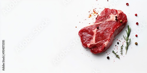 Fresh carnivore diet concept with raw steak and spices on white background for nutrition and cooking