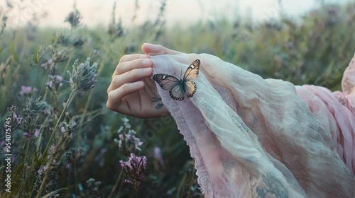  A woman with a butterfly tattoo on her arm holds a piece of cloth in front of her face amidst a field of flowers