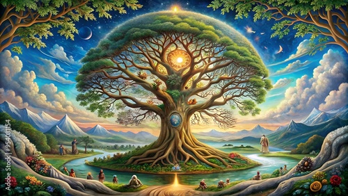 Yggdrasil the Tree of Life in Norse mythology. Date: 1847