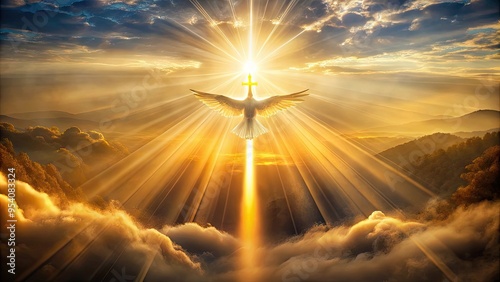 Dramatic beams of golden light emanate from a serene, misty background, symbolizing the Holy Spirit's divine presence and power in a moment of spiritual connection.