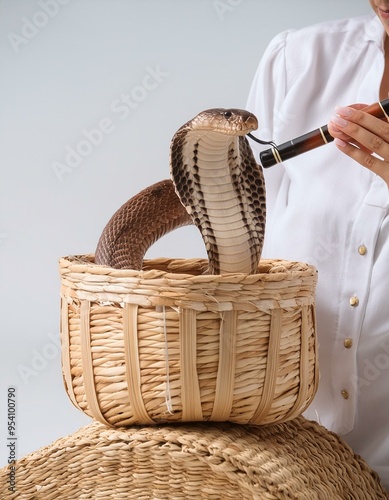 Indian snake charmer and cobra coming out of the basket.