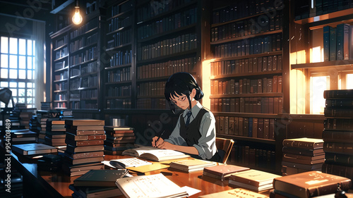 An anime character studies late at night in the academy library, surrounded by ancient books, with the room dimly lit by floating orbs, capturing a quiet and focused moment.