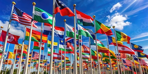 Global Unity And Diversity Are Displayed In A Vibrant Arrangement Of Colorful Flags Representing Nations From Around The World.