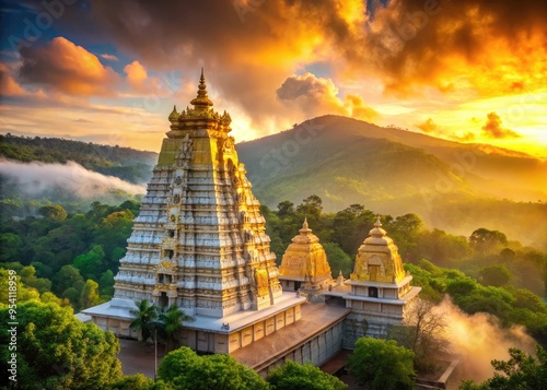 Golden-hued sunset casts a warm glow on the majestic Lord Venkateswara temple in Tirupati,India, surrounded by lush green hills and misty atmosphere.