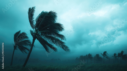 Galeforce winds bending palm trees during a tropical storm, extreme weather, powerful wind