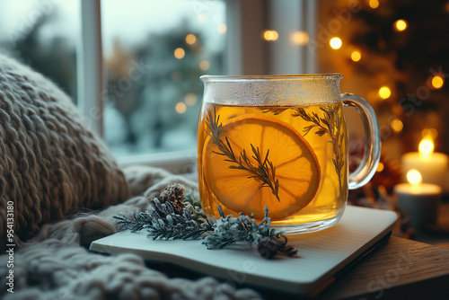 A cozy scene featuring glass of herbal tea with lemon and rosemary, surrounded by winter decor, evoking warmth and relaxation.