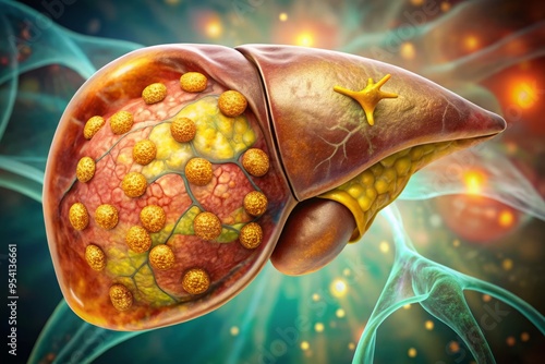 Inflamed and scarred liver tissue with yellowish discoloration and blotchy lesions, illustrating the damaging effects