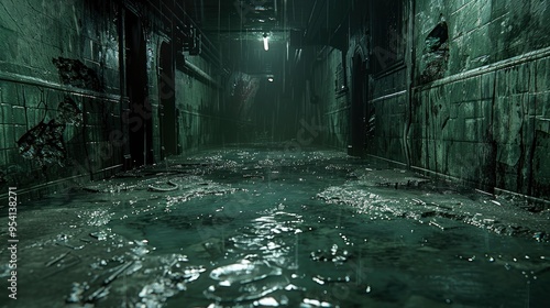 Dark and Abandoned Corridor with Water Puddles and Rain