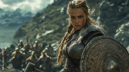 battle-hardened dwarf female warrior with a fierce expression and braided hair holding a shield, leading her troops on a rugged mountainside