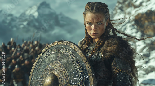 battle-hardened dwarf shield maiden with braided hair and a scarred face holding a shield, leading her warriors on a snow-covered mountain pass