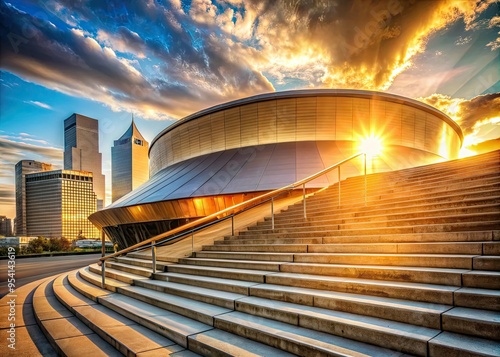 monumental superdome majestic grand staircase sweeping curves modernist architecture warm golden light rays daytime urban landscape sharp focus stunning architecture blue sky